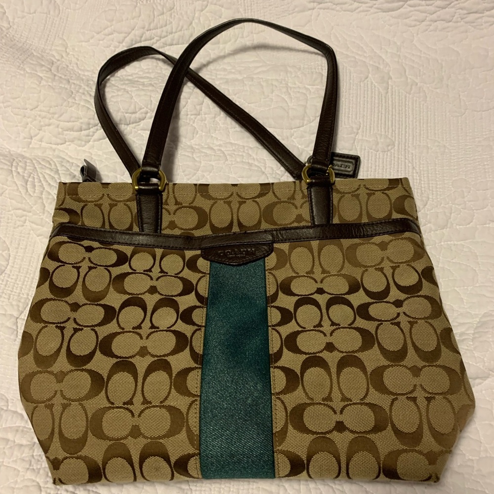 Coach Tan and Teal Shoulder Bag with Signature Monogram